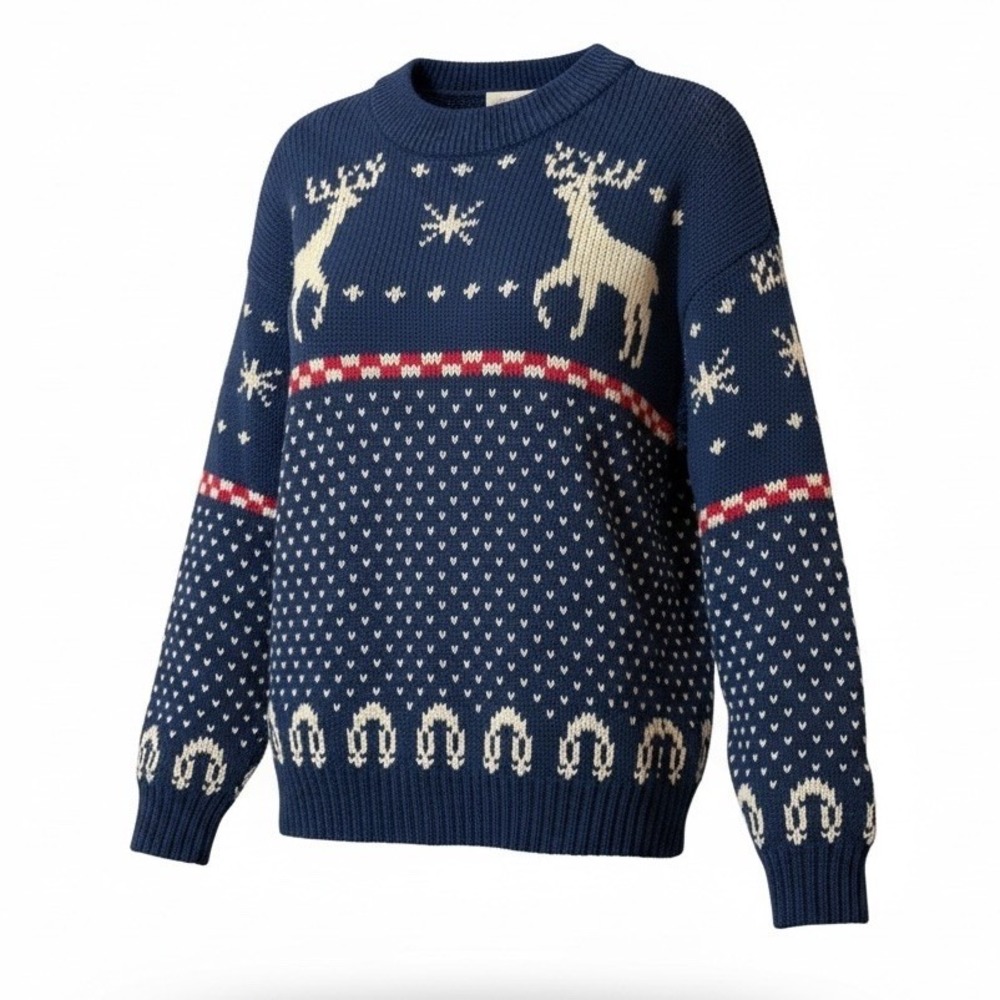 VTG 90s Peninsula S.F. Knit Sweater Deer Snowflake Blue Ramie Cotton L Nature